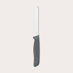 The Zyliss Tomato Knife Serrated 11cm/4½" features a serrated white blade and a black eco-friendly plastic handle, shown against a plain light background—ideal for slicing tomatoes.