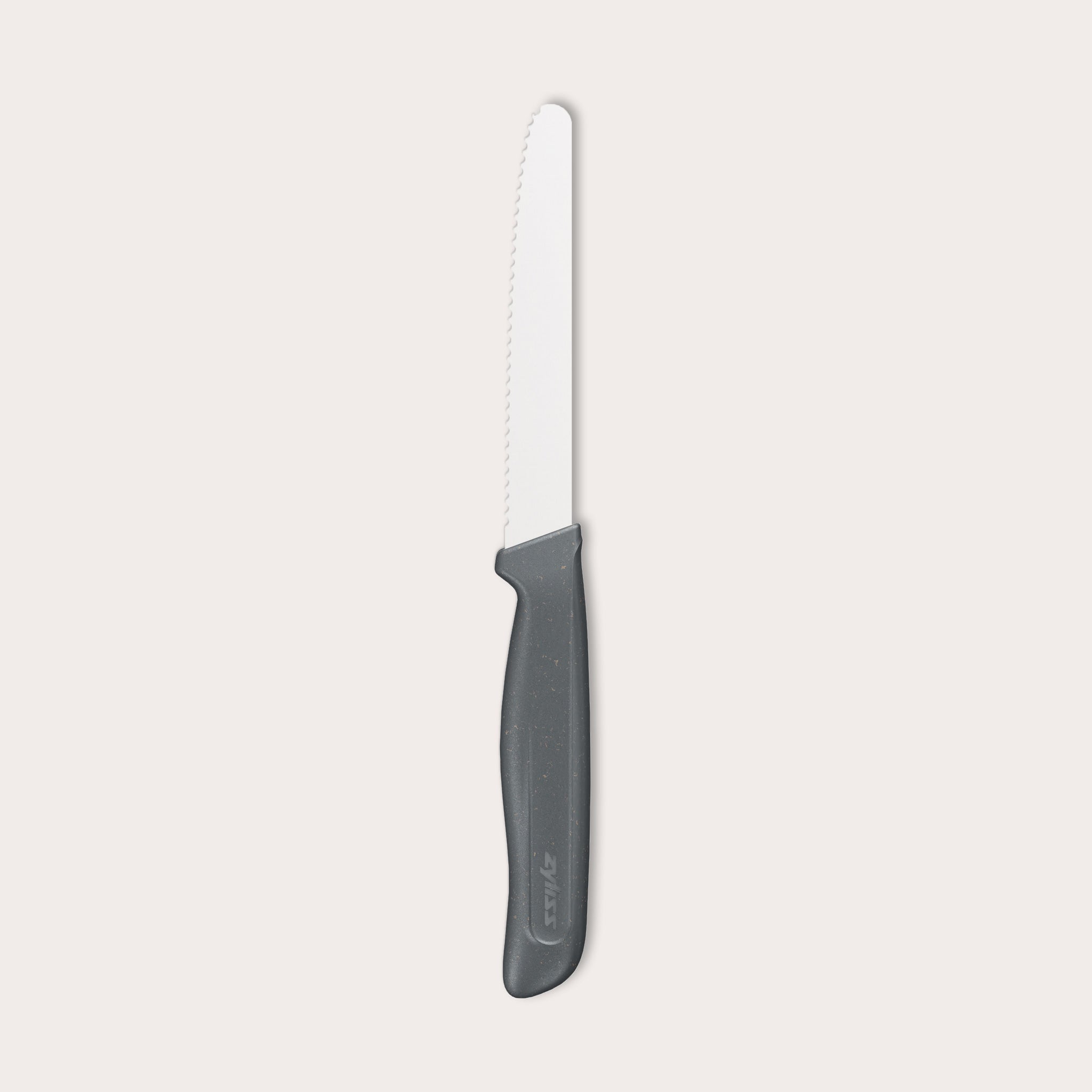 The Zyliss Tomato Knife Serrated 11cm/4½" features a serrated white blade and a black eco-friendly plastic handle, shown against a plain light background—ideal for slicing tomatoes.