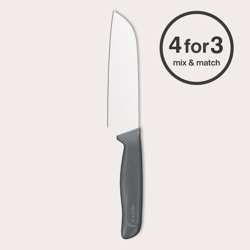 #15cm/6"
A Zyliss Santoku Knife 15cm / 6" with an eco-friendly black handle and wide silver blade stands upright. A circular "4 for 3 mix & match" label appears in the top right on a plain light gray background.