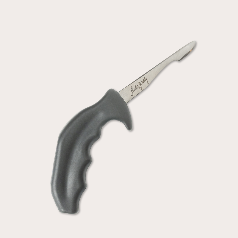 The Zyliss Kitchen Oyster Knife Shucker Paddy, featuring a hooked end, ergonomic black handle, and Shucker Paddy signature on the blade, is displayed against a plain white background.