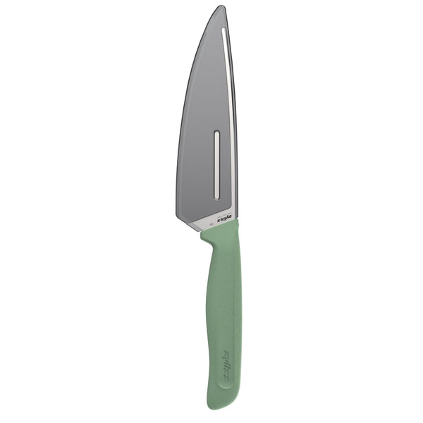 The Zyliss Classic Utility Knife, featuring a stainless steel silver blade and a green handle, is displayed upright with a matching blade cover against a white background, showcasing the full length of both the blade and handle.