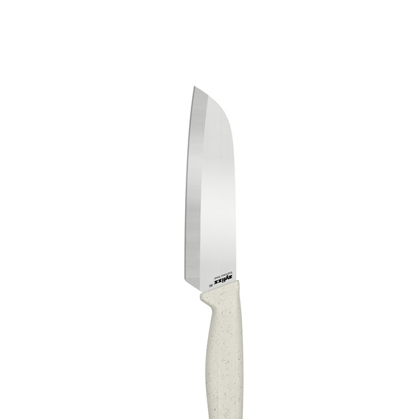 The Zyliss Classic 2 Piece Chef & Santoku Knife Set features a kitchen knife with a wide stainless steel blade and a light-colored, speckled handle, displayed vertically against a white background.