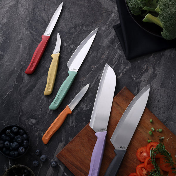 The Zyliss Classic 6-Piece Knife Set features stainless steel blades with colorful handles, displayed on a dark countertop alongside tomatoes, herbs, blueberries, and broccoli for a vibrant kitchen essential scene.