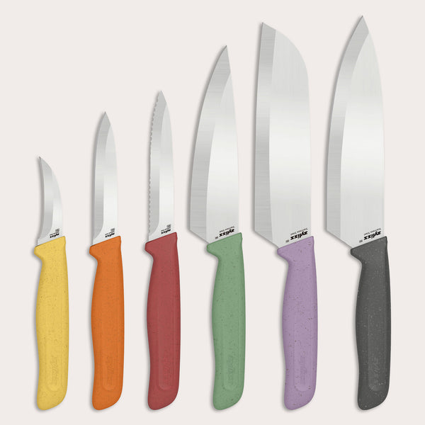 The Zyliss Classic 6-Piece Knife Set features stainless steel blades and vibrant handles in yellow, orange, red, green, purple, and black—arranged by size for a colorful, eye-catching addition to your kitchen.