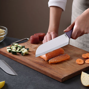 Using the Zyliss Classic 2 Piece Santoku Knife Set, a person slices raw salmon on a wooden cutting board, surrounded by chopped zucchini, carrots, and tuna, with one ergonomic-handled knife in hand while another stainless steel blade from the set rests on the counter.
