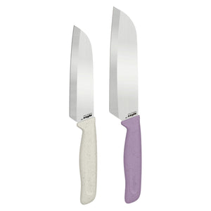 The Zyliss Classic 2 Piece Santoku Knife Set features two stainless steel knives with wide blades—one equipped with a white textured ergonomic handle and the other with a purple textured handle—displayed standing upright side by side on a white background, making this set both stylish and functional for your kitchen.