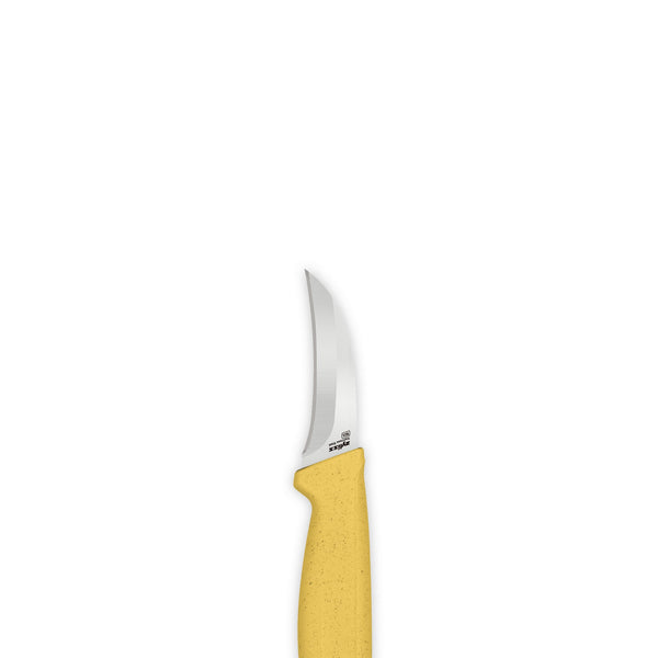 A small kitchen prep knife from the Zyliss Classic 3 Piece Peeling & Paring Knife Set is displayed vertically against a plain white background, featuring a curved, sharp blade and a yellow handle—an ideal complement to any stainless steel knife collection.