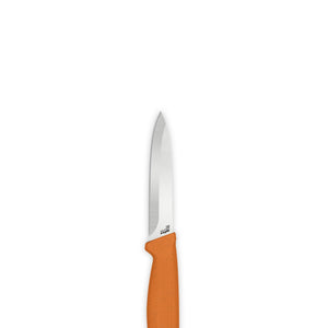 The Zyliss Classic 3 Piece Peeling & Paring Knife Set features a kitchen prep knife with a vibrant orange handle and a gleaming silver blade, shown vertically against a plain white background—demonstrating the exceptional quality of stainless steel knives.