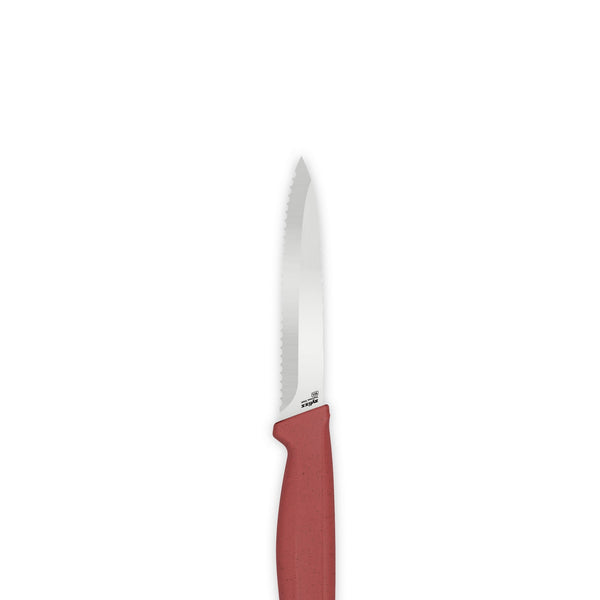 A red-handled serrated knife from the Zyliss Classic 3 Piece Peeling & Paring Knife Set, part of their stainless steel collection, is centered against a plain white background.