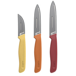 Three kitchen knives with yellow, orange, and red handles are arranged side by side. Each knife in the Zyliss Classic 3 Piece Peeling & Paring Knife Set features a stainless steel blade with a slot near the top edge and displays the Zyliss brand name, making them ideal for all your kitchen prep slicing tasks.