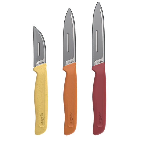 Three kitchen knives with yellow, orange, and red handles are arranged side by side. Each knife in the Zyliss Classic 3 Piece Peeling & Paring Knife Set features a stainless steel blade with a slot near the top edge and displays the Zyliss brand name, making them ideal for all your kitchen prep slicing tasks.