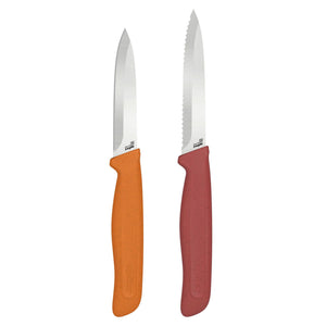 The Zyliss Classic 2-Piece Paring Knife Set includes an orange-handled paring knife with a smooth stainless steel blade and a red-handled knife with a serrated blade, both featuring slightly curved ergonomic handles.
