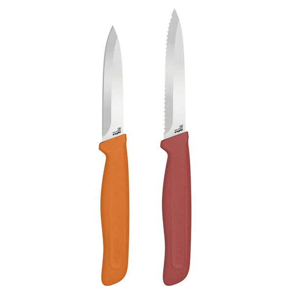 The Zyliss Classic 2-Piece Paring Knife Set includes an orange-handled paring knife with a smooth stainless steel blade and a red-handled knife with a serrated blade, both featuring slightly curved ergonomic handles.