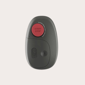 Zyliss Electronic Can Opener with One-Touch Start/Stop, a grey cordless device featuring a red start and stop button with instructions to press and wait three seconds.