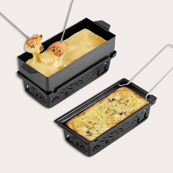 zyliss Tandem Candlelight Fondue & Raclette Set shown in fondue and raclette configurations