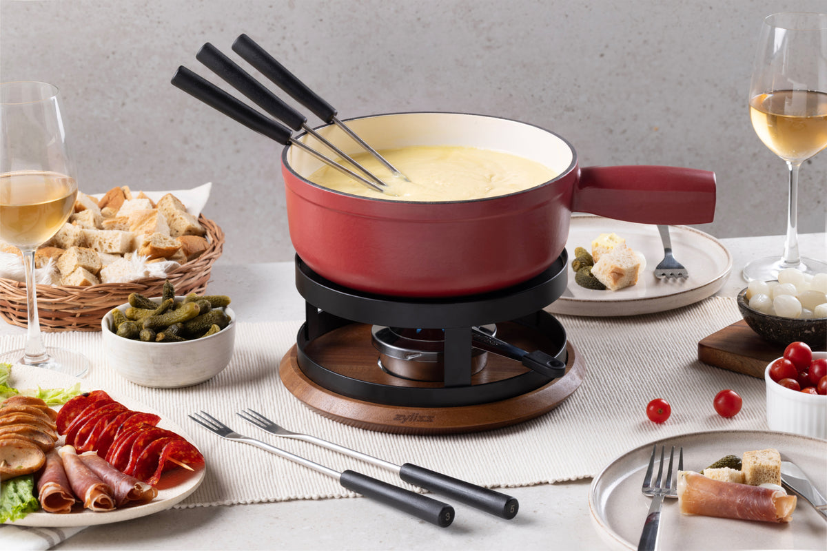 Zyliss Chalet Cast Iron Cheese Fondue Set, Red — lifestyle