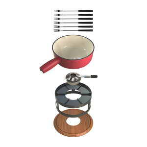Zyliss Chalet Cast Iron Cheese Fondue Set, Red — features detail