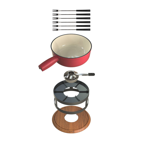 Zyliss Chalet Cast Iron Cheese Fondue Set, Red — features detail