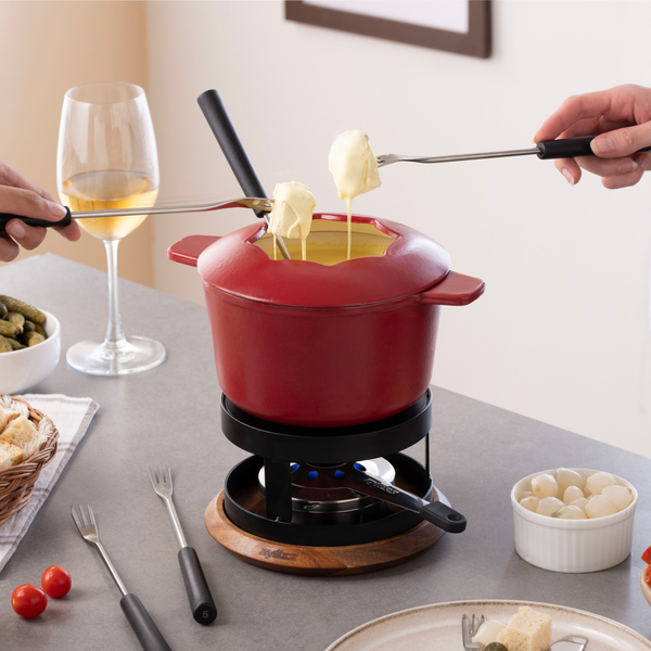 Zyliss Alpine Cast Iron Fondue Set, Red — in use