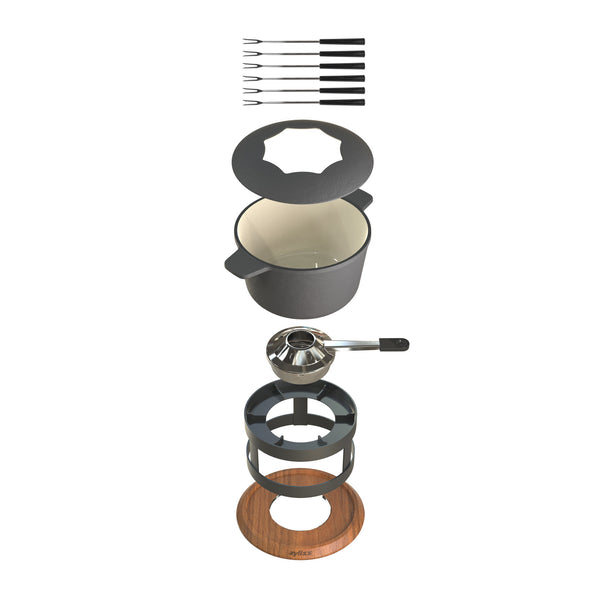 Zyliss Alpine Cast Iron Fondue Set, Beluga — features detail