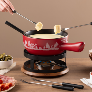 Zyliss Chalet Ceramic Cheese Fondue Set, Red — in use