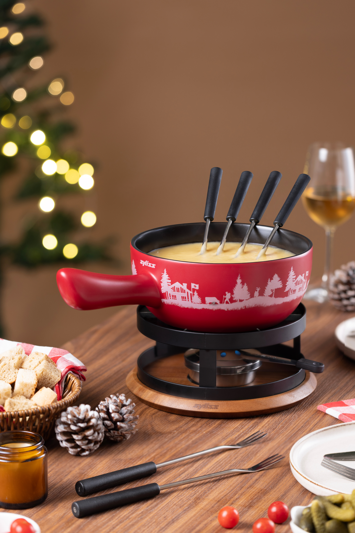 Zyliss Chalet Ceramic Cheese Fondue Set, Red — lifestyle