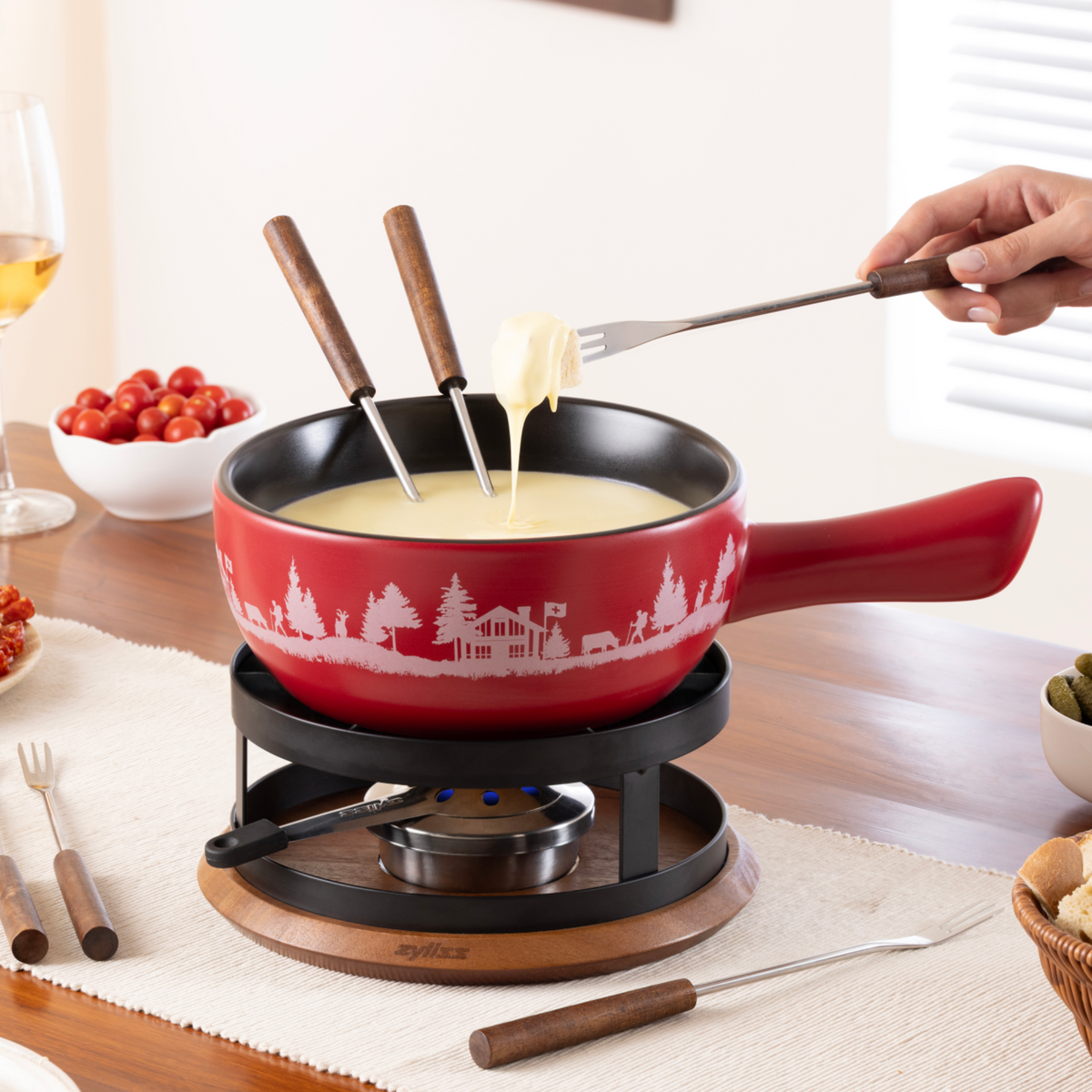 Zyliss 6 Piece Cheese Fondue Fork Acacia Wood Set  — in use