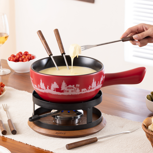Zyliss 6 Piece Cheese Fondue Fork Acacia Wood Set  — in use