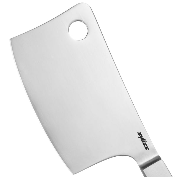 A Zyliss Signature Cheese Cleaver with a hole near the top corner of the stainless steel blade, shown on a white background.