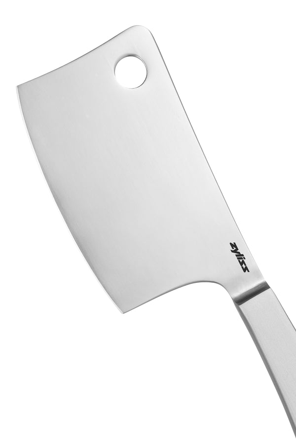 A Zyliss Signature Cheese Cleaver with a hole near the top corner of the stainless steel blade, shown on a white background.