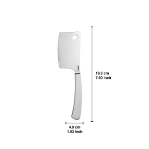 The Zyliss Signature Cheese Cleaver features a durable stainless steel blade with a convenient hole near the top. Measuring 19.3 cm (7.60 inches) in length and 4.9 cm (1.93 inches) in width, this versatile tool is perfect for slicing hard cheese and can also function as a meat cleaver. Measurements are displayed next to the knife for added accuracy.