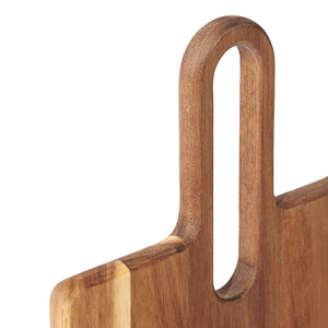 Close-up of the Zyliss Signature 3 Piece Cheese Knife & Acacia Serving Board Set, highlighting the smooth grain, rounded rectangular handle hole, and elegant edges—ideal for your cheese serving set.