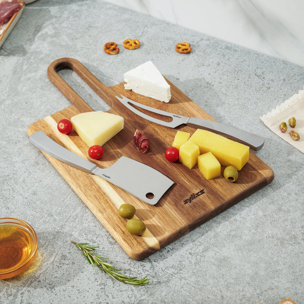 Zyliss 3 Piece Signature Cheese Knives & Serving Board Set — lifestyle