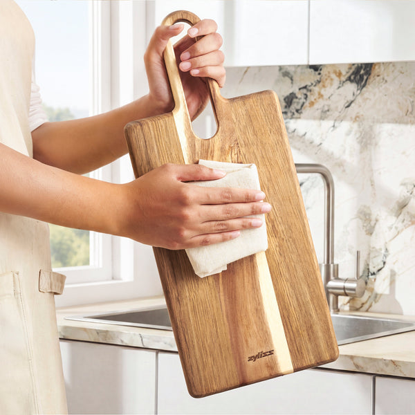 Zyliss 2 Piece Serving Board Acacia Wood Set — in use