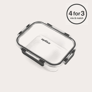 #1.05L/1.1qt    A Zyliss Glass Container with a black rim and latch closures, ideal for meal prep and freshness, is shown on a white background. A circular label in the top right corner reads 4 for 3 mix & match.