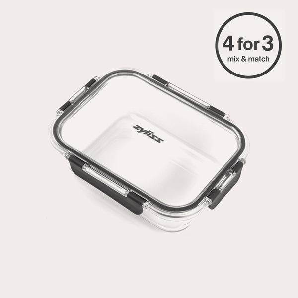 #1.05L/1.1qt    A Zyliss Glass Container with a black rim and latch closures, ideal for meal prep and freshness, is shown on a white background. A circular label in the top right corner reads 4 for 3 mix & match.