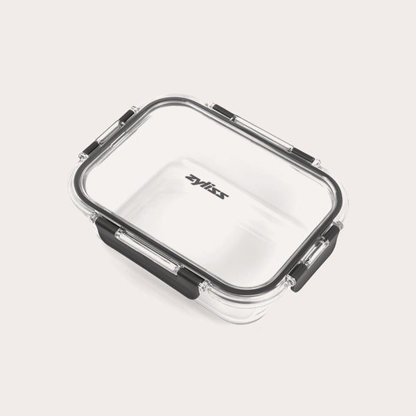 The Zyliss 3-Piece Set Glass Container Set features clear rectangular borosilicate glass containers with black locking clips and transparent, leak-proof lids. The Zyliss logo is displayed at the center of each lid.