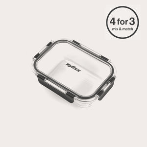 #0.64L/0.67qt   The Zyliss Glass Container is a clear rectangular food storage box with a black secure seal and latches, perfect for meal prep and locking in freshness. A 4 for 3 mix & match label appears in the top right corner on a white background.