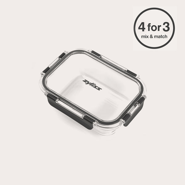 #0.64L/0.67qt   The Zyliss Glass Container is a clear rectangular food storage box with a black secure seal and latches, perfect for meal prep and locking in freshness. A 4 for 3 mix & match label appears in the top right corner on a white background.