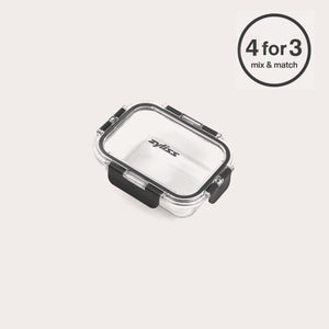 #0.37L/0.39qt  The Zyliss Glass Container is a small, clear rectangular food container with black latches for a secure seal. A circular label in the top right corner displays 4 for 3 mix & match.