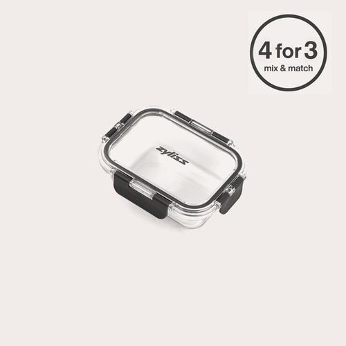 #0.37L/0.39qt  The Zyliss Glass Container is a small, clear rectangular food container with black latches for a secure seal. A circular label in the top right corner displays 4 for 3 mix & match.