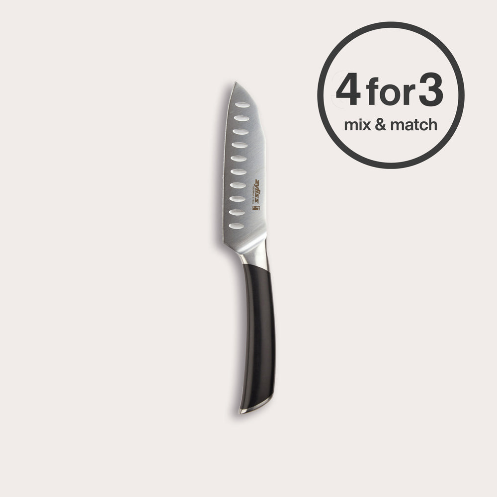 The Zyliss Comfort Pro Mini Santoku Knife 13cm/5" with an ergonomic black handle is shown on a plain light background. A circular label at the top right corner states "4 for 3 mix & match." Made from premium German stainless steel.