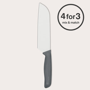 #17cm/7"
The Zyliss Santoku Knife stands upright, featuring an ergonomic black handle and silver blade. A circle on the right highlights "4 for 3 mix & match" against a plain, light background.