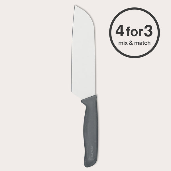 #17cm/7"
The Zyliss Santoku Knife stands upright, featuring an ergonomic black handle and silver blade. A circle on the right highlights "4 for 3 mix & match" against a plain, light background.