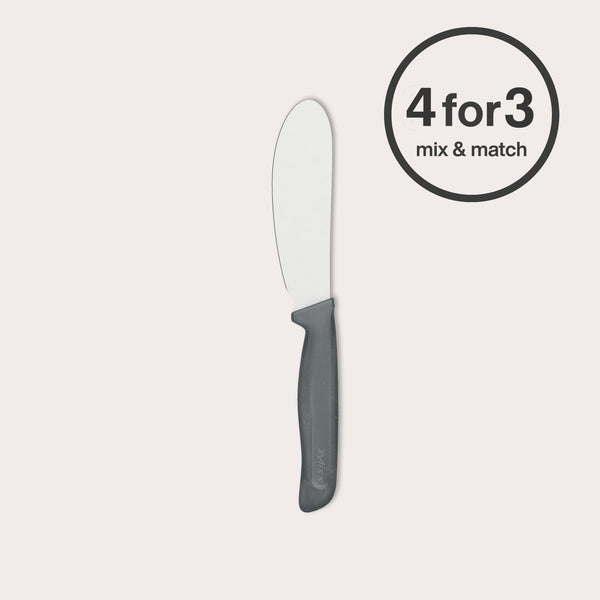 A Zyliss Spreading Knife 12cm/5" with an eco handle and gray accents rests on a light background. A “4 for 3 mix & match” circular label appears in the top right corner.