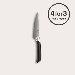 The Zyliss Comfort Pro Utility Knife 14cm with an ergonomic black handle is centered on a light background. A circular "4 for 3 mix & match" label appears in the top right corner.
