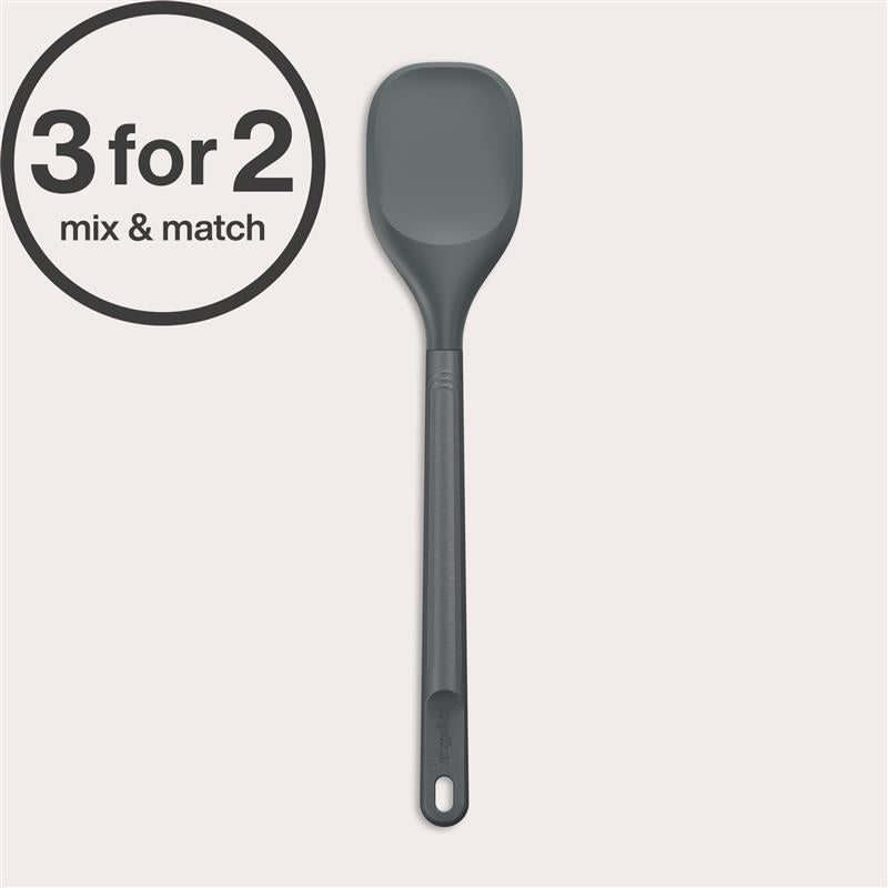 The Zyliss Spoontula, a dark gray heat-resistant silicone cooking spoon with a long handle and flexible head, is shown on a light background. A circular label at the top left says 3 for 2 mix & match.#Large