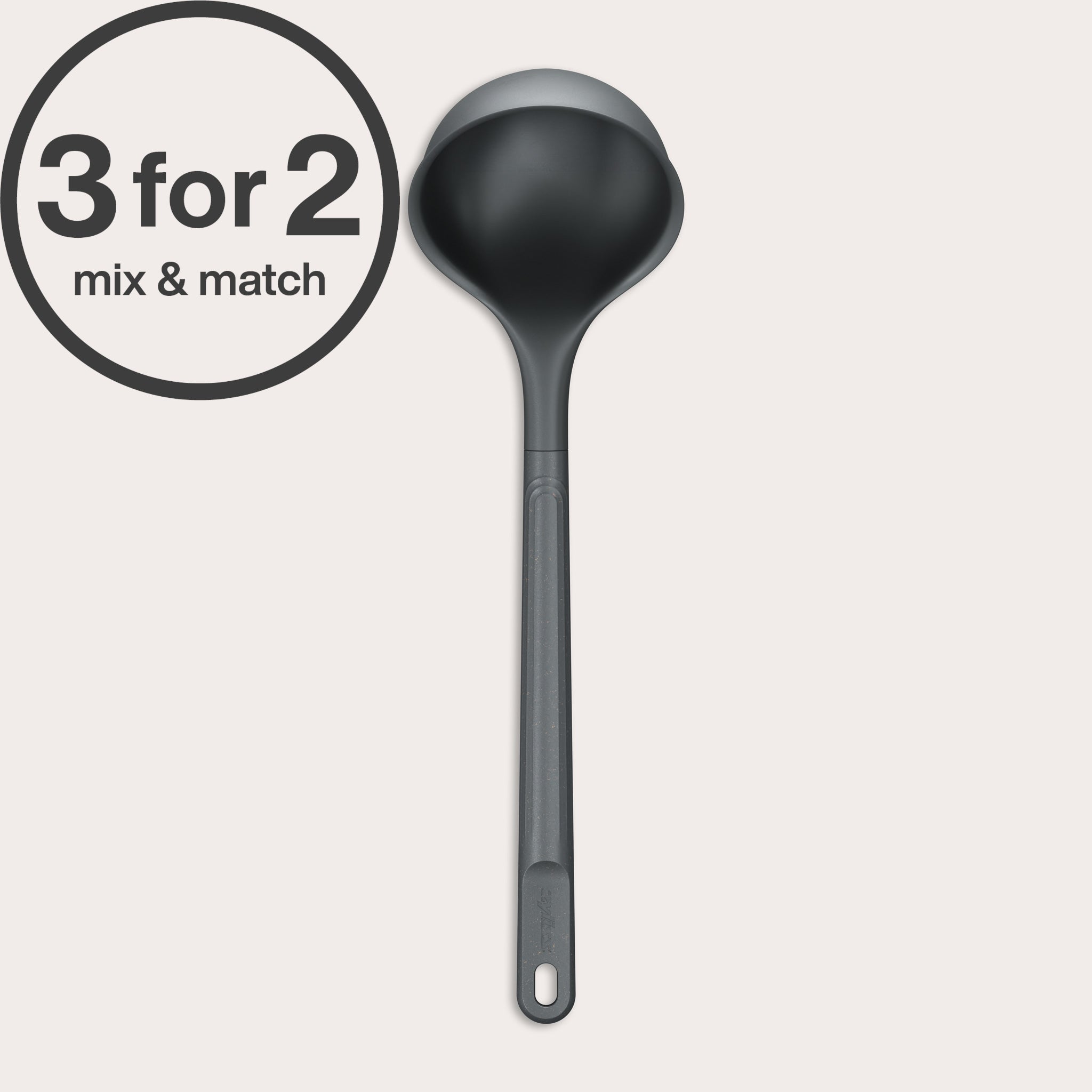 A black Zyliss Ladle with a long handle is centered on a light background. A circular label in the top left corner reads 3 for 2 mix & match—a heat-resistant kitchen essential from Zyliss. #Large