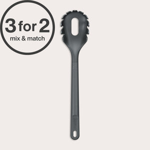 A Zyliss Spaghetti Server, black with a portion control hole in the center, is shown upright against a light background. A circular 3 for 2 mix & match label appears in bold text at the top left corner.