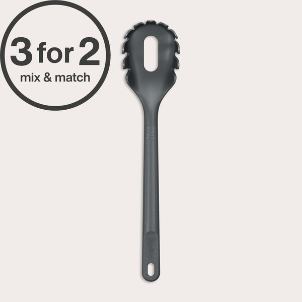 A Zyliss Spaghetti Server, black with a portion control hole in the center, is shown upright against a light background. A circular 3 for 2 mix & match label appears in bold text at the top left corner.
